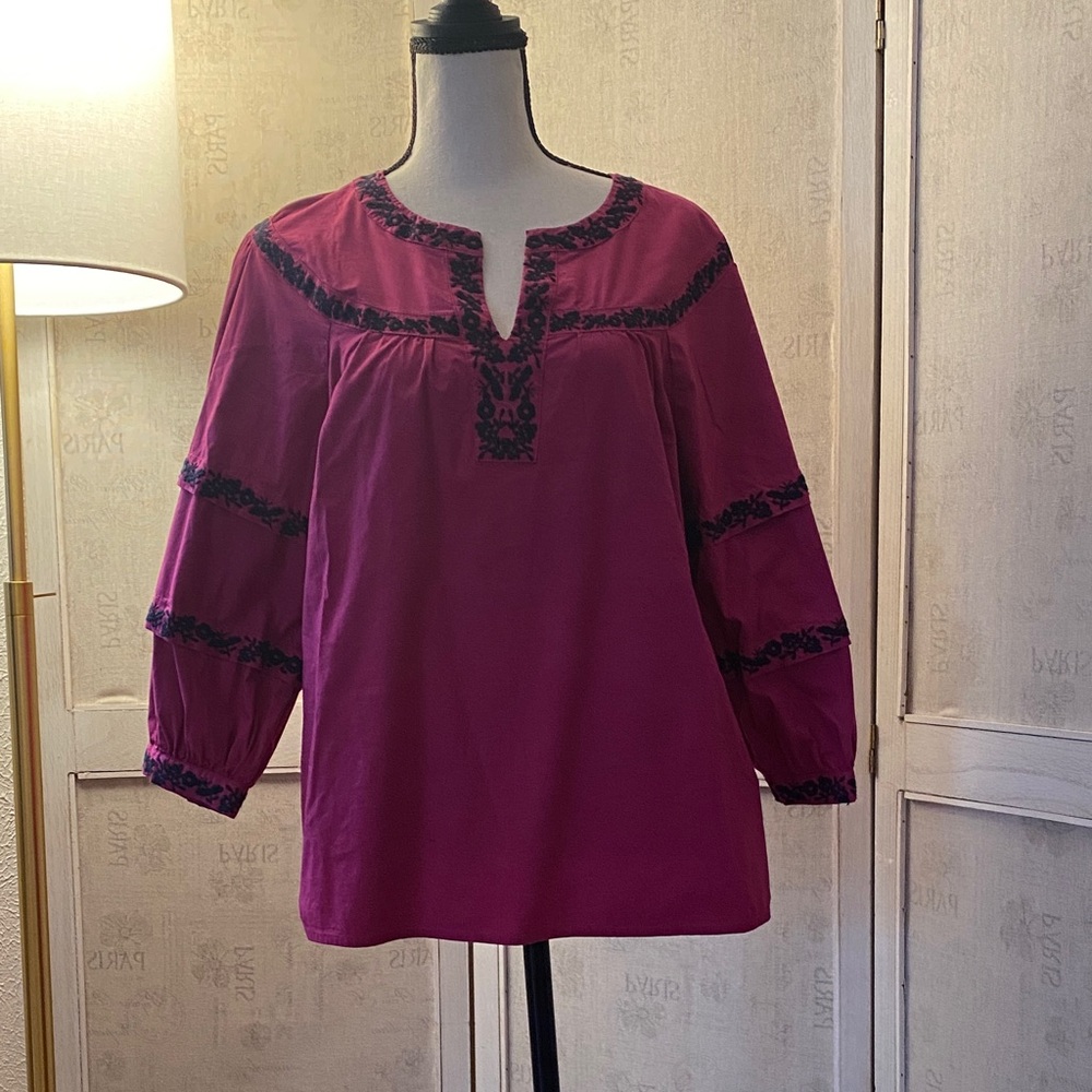 Talbots Magenta Blouse with Black Embroidered Detail & Bell Sleeves